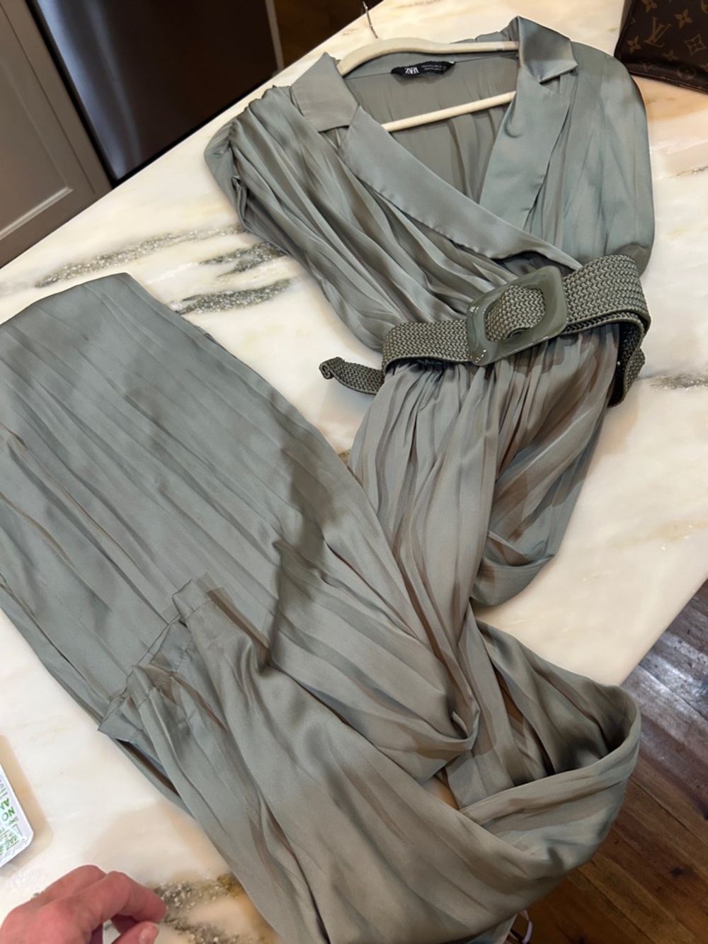 Zara Satin  jumpsuit with Wide Buckle Belt - Sage Green